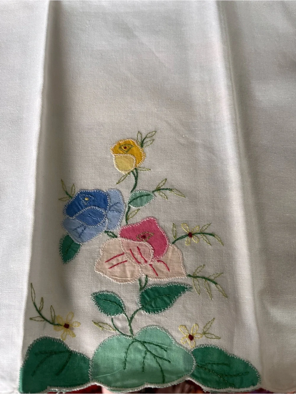 Hand-Appliqué Floral Linen Panel in Multicolor Roses